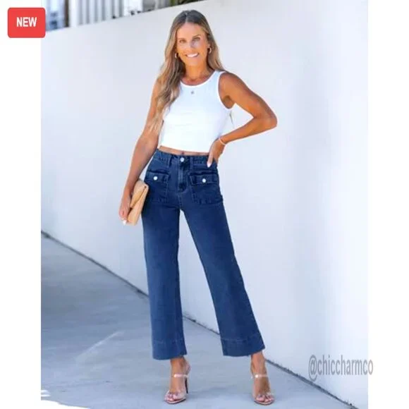 High Waisted Wide Leg Cropped Jeans Stretchy Denim Retro Patch Pockets